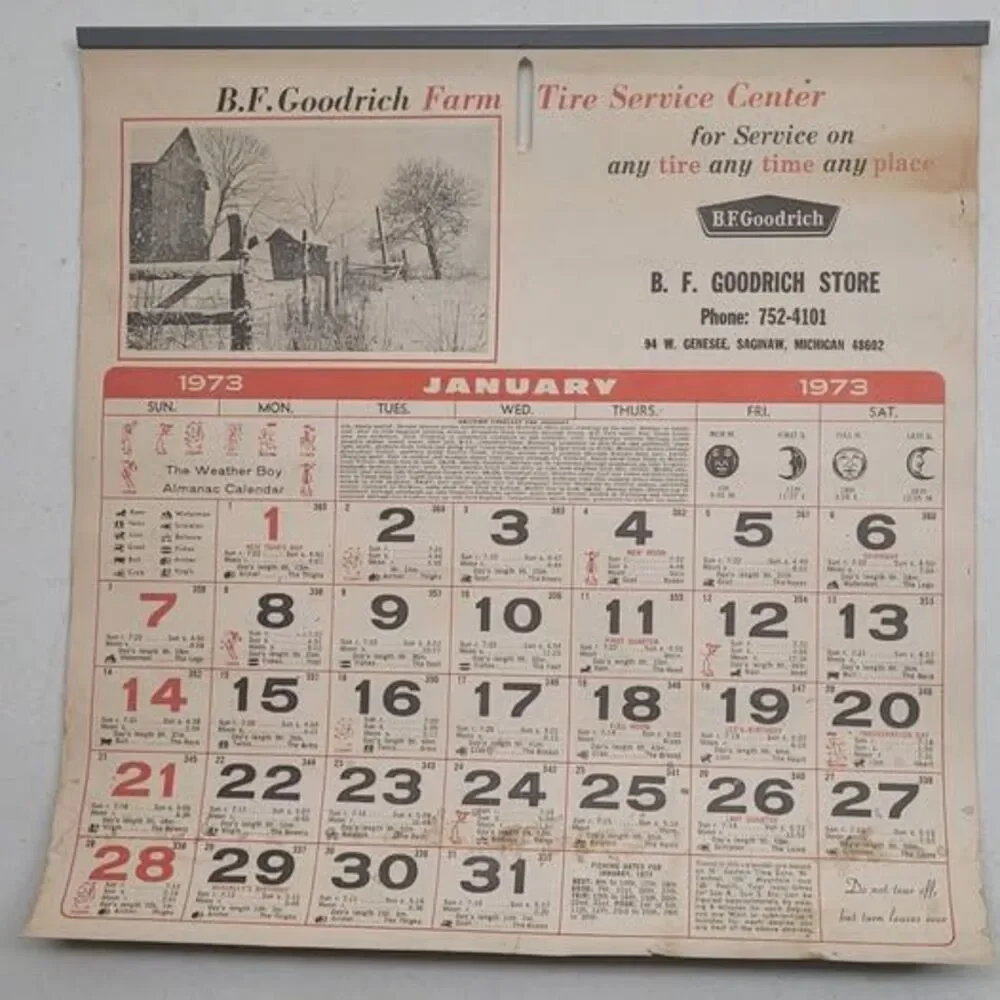 Vintage 1973 B.F. Goodrich Farm Tire Service Center Almanac Calendar